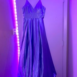 Blue floor length prom dress, with pockets.